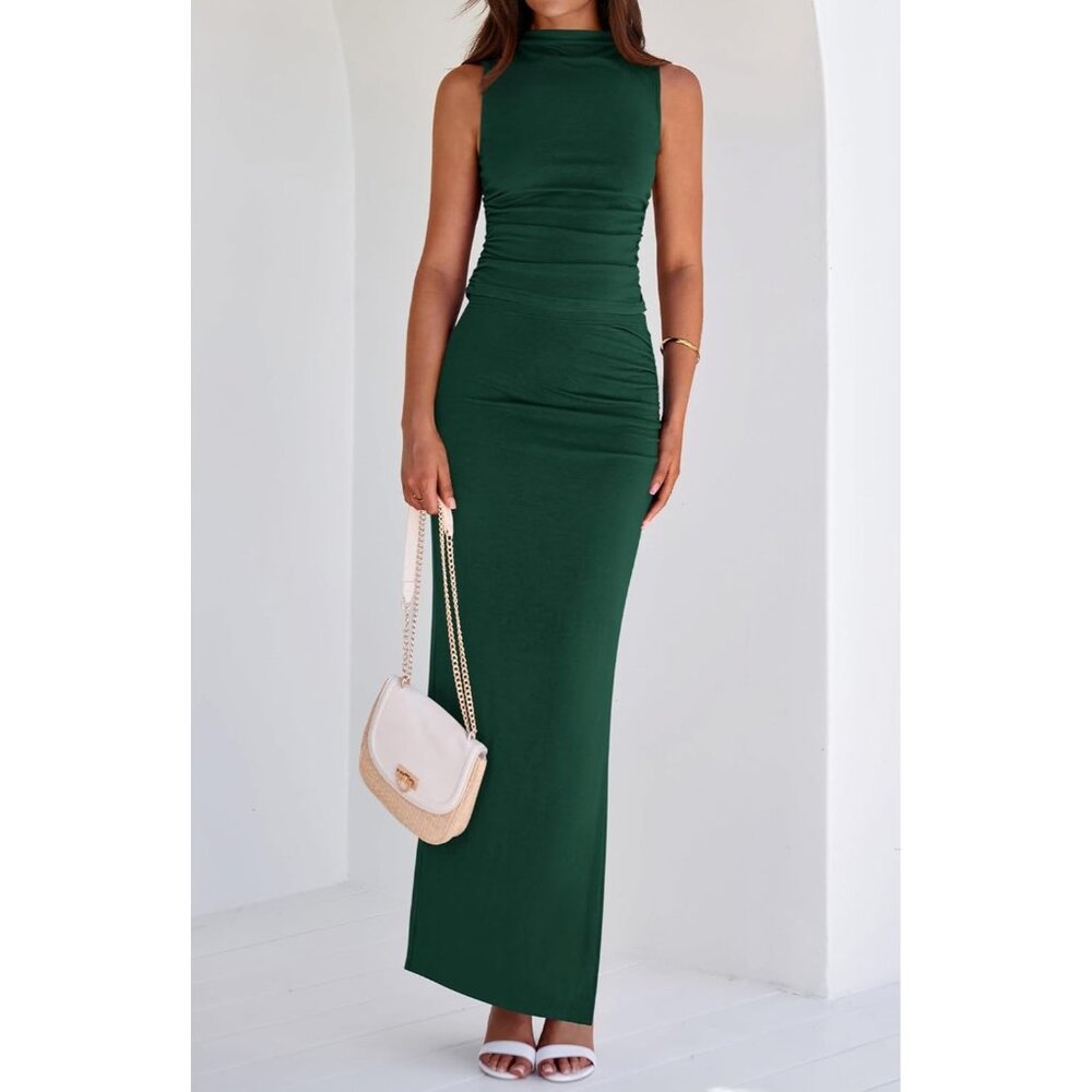 Womens Dark Green Two Piece Sets Going Mock Neck Sleeveless Knit Tops Maxi Skirt - Picture 2 of 6